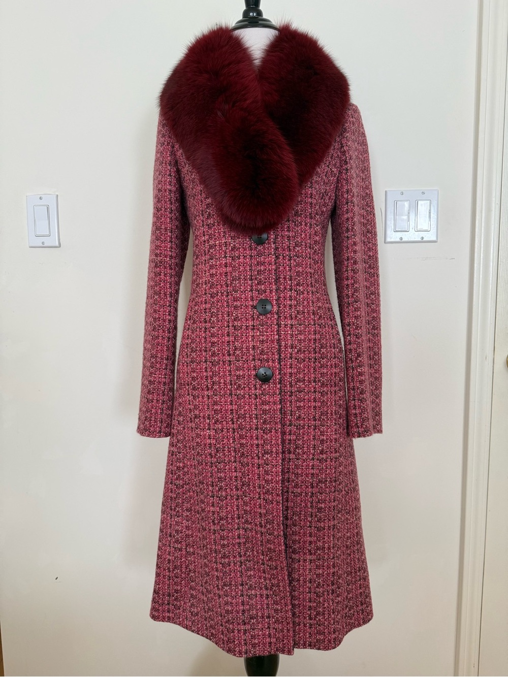 Sisley Fuchsia-Pink Tweed Wool-blend Coat with fur collar